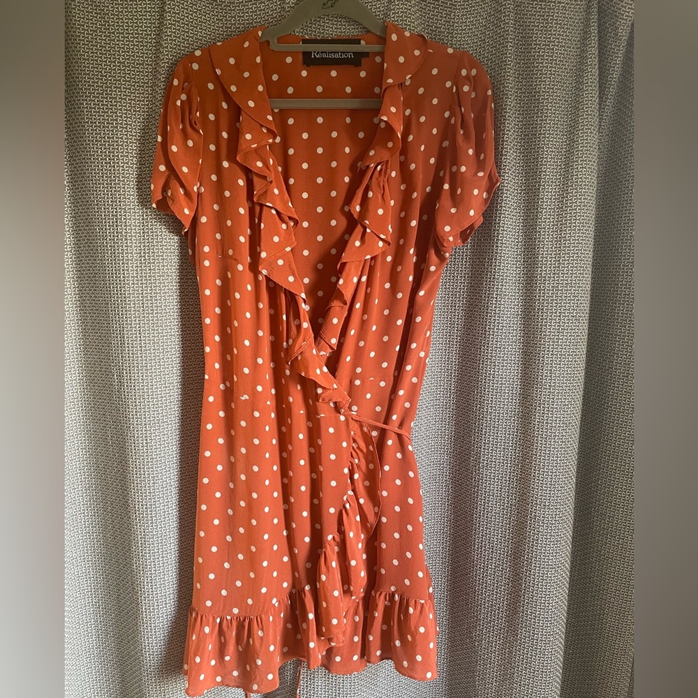 Réalisation Par Valentina Silk Wrap Mini Dress Size M Rust Polk Dot